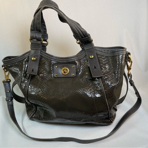 Marc by Marc Jacobs Gray Green Patent Leather Snakeskin Hobo Shoulder Tote Bag - Picture 1 of 16